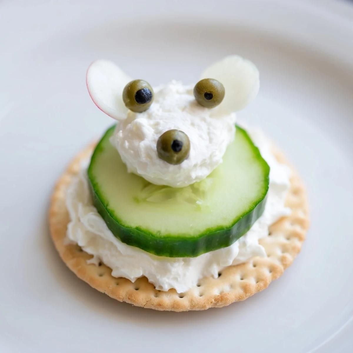Round crackers topped with cream cheese and veggie features make these delightful Polar Bear Cracker Stacks.