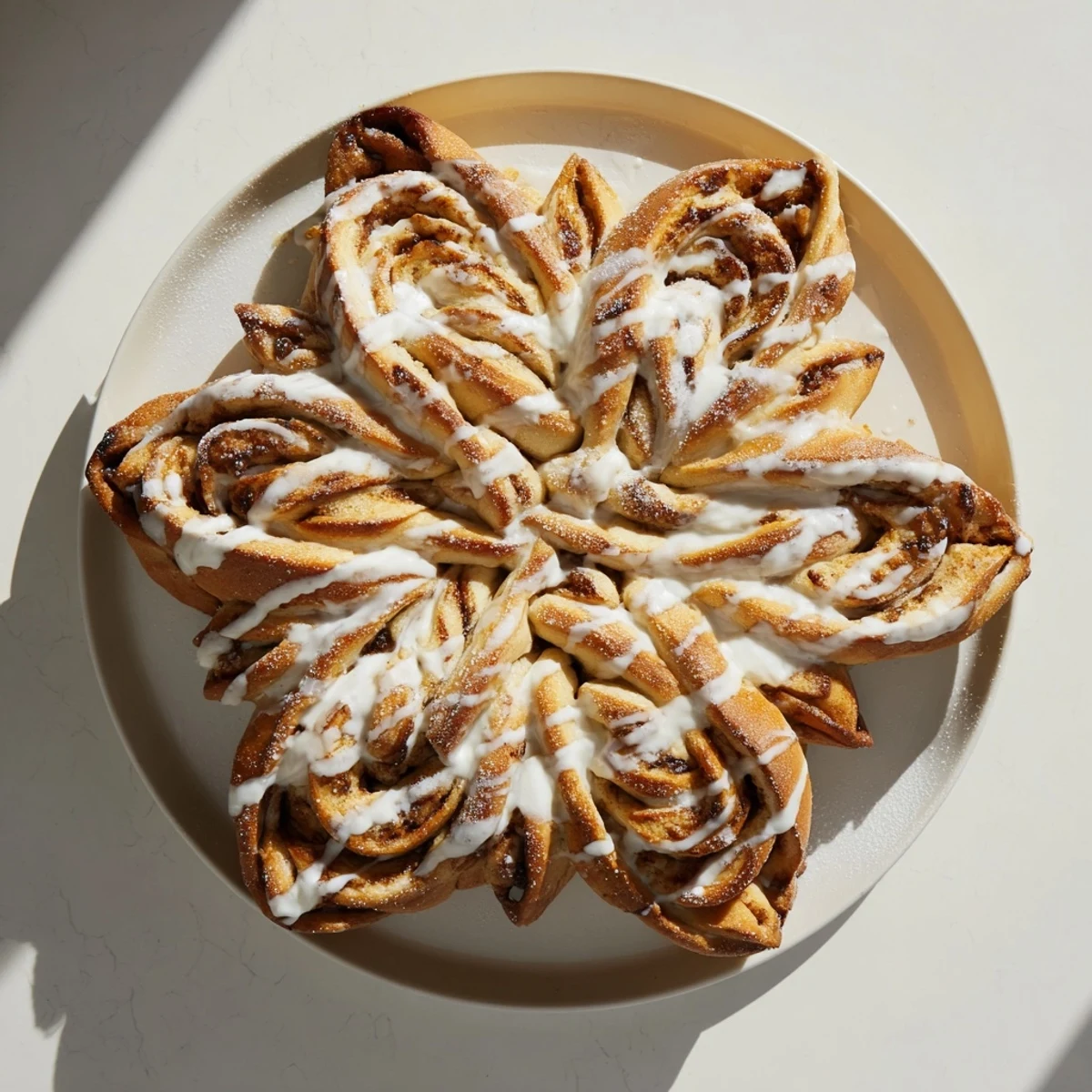 A close-up view of a freshly baked Giant Snowflake Sweet Roll Centerpiece, showcasing its soft, pull-apart texture.