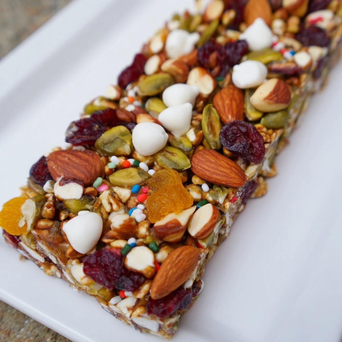 Winter Wonderland Trail Mix Bars: A close-up of the festive, chewy bars, loaded with dried fruit and nuts.