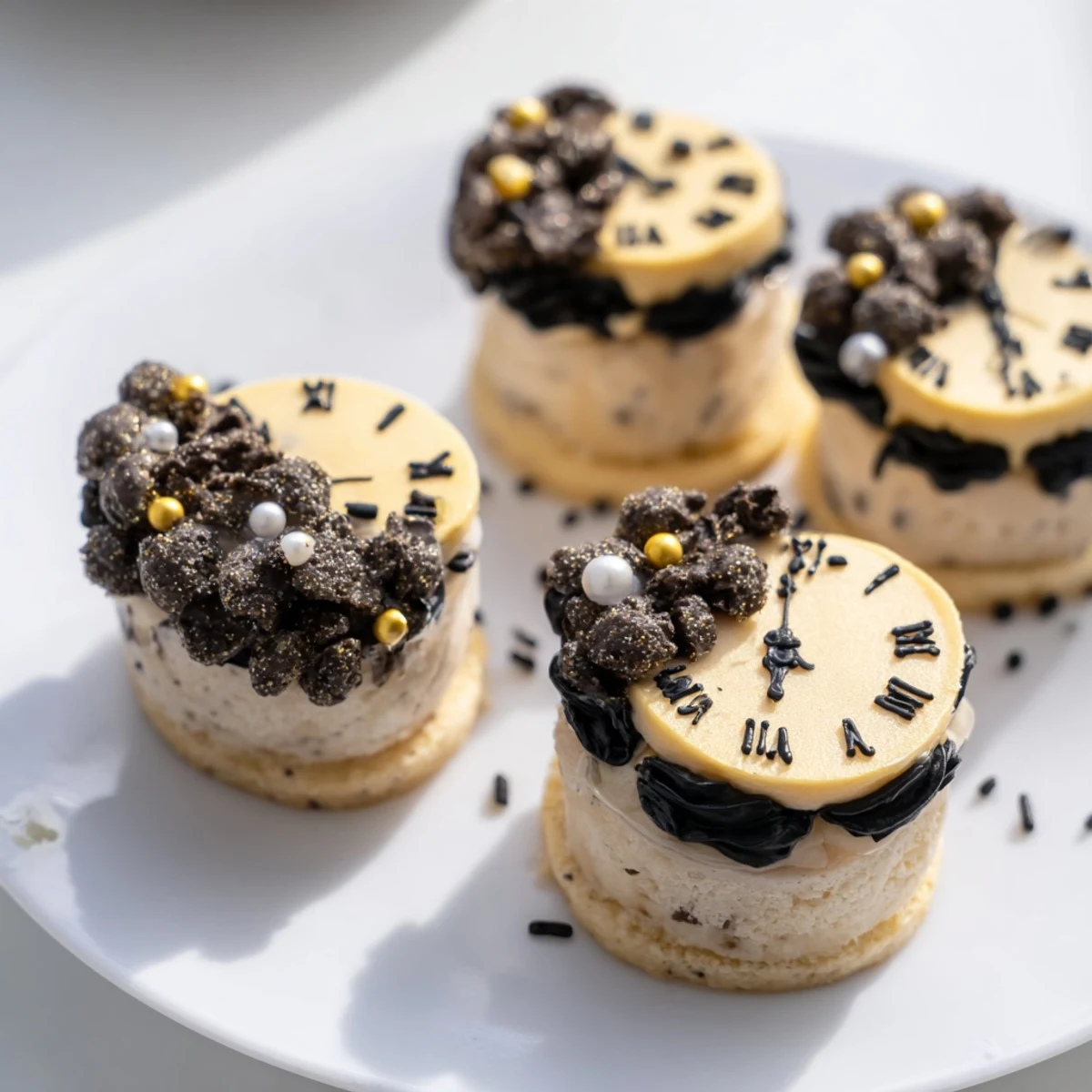 Brightly decorated Countdown Clock Mini Desserts, ready to celebrate right, with golden sprinkles and black frosting.