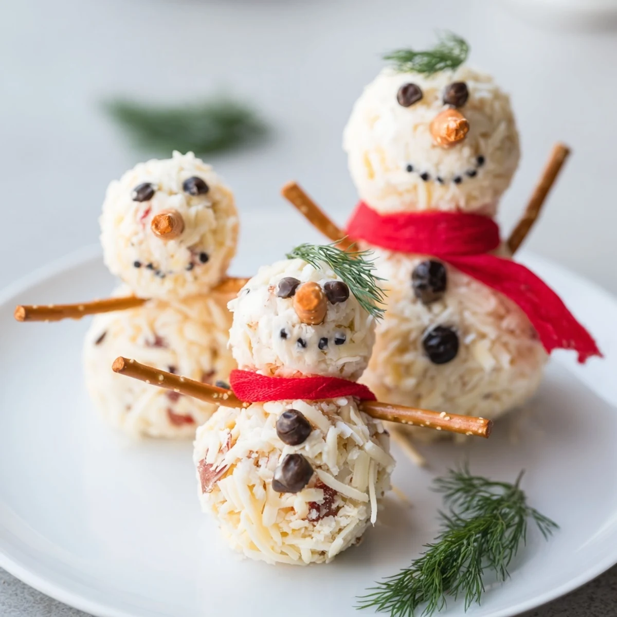 Smiling Snowman Cheese Ball Trio: a whimsical, holiday appetizer featuring creamy cheese balls decorated as snowmen.