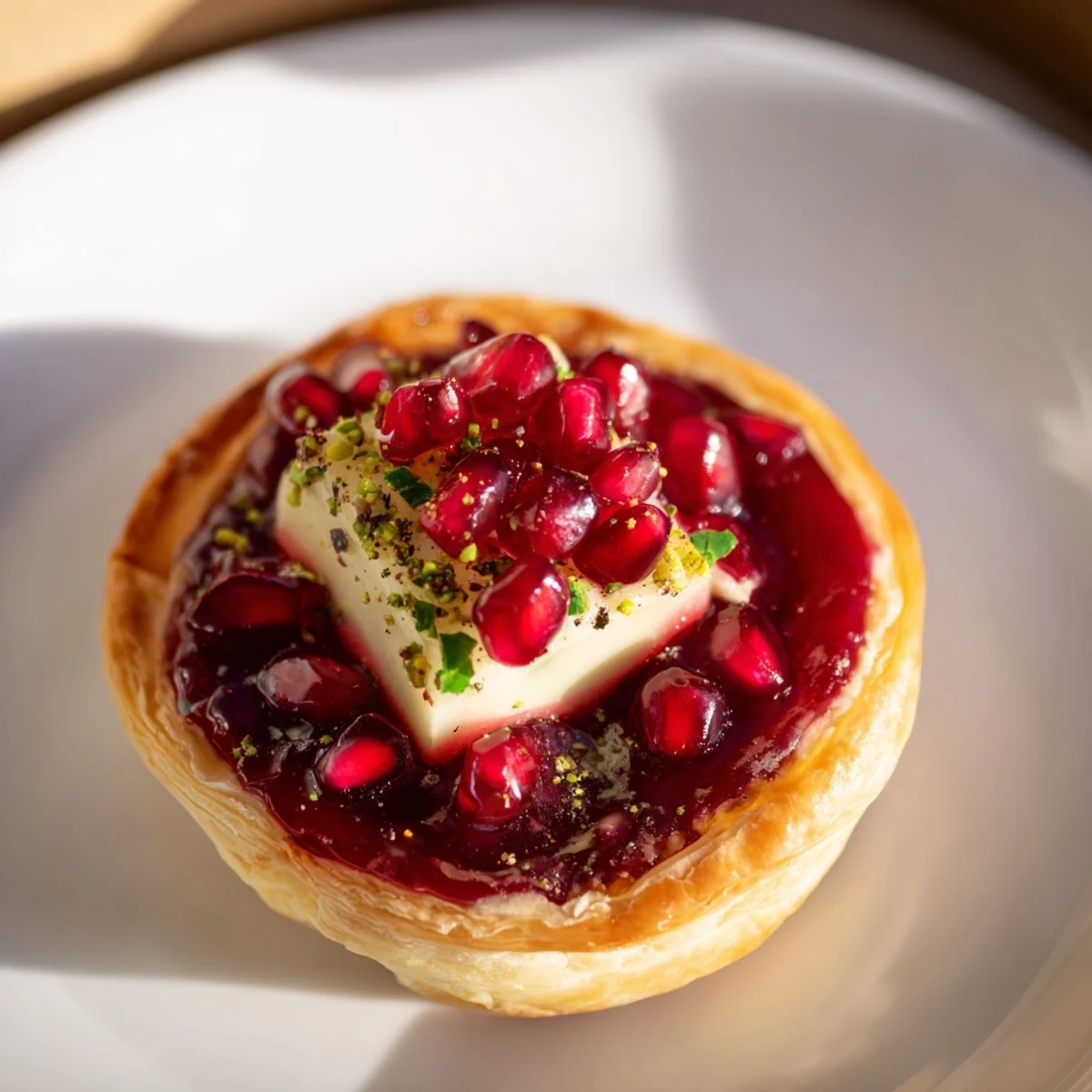 Golden, flaky Fireworks Brie Tartlets are topped with glistening preserves and fresh garnishes.
