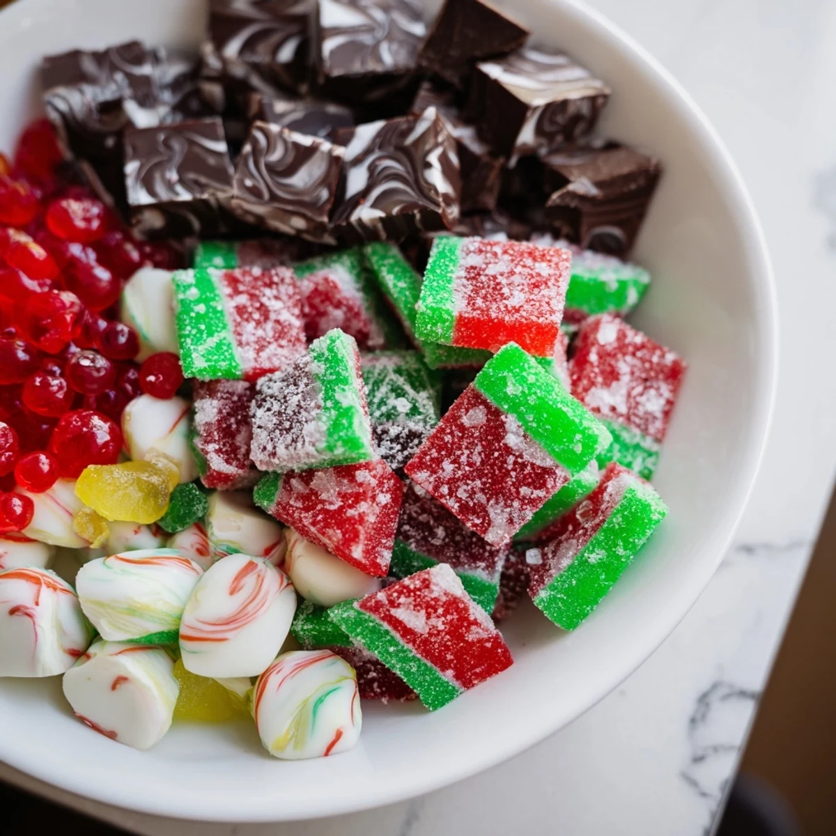 Homemade Jingle Bell Rock Candy, colorful and glistening, offers a tempting holiday dessert arrangement.
