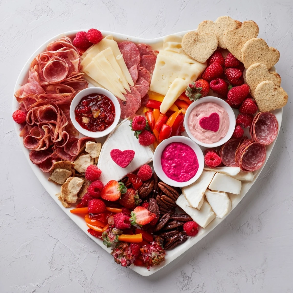 Beautifully arranged Heart of Romance board featuring strawberries, brie, and delicious cured meats and crackers.
