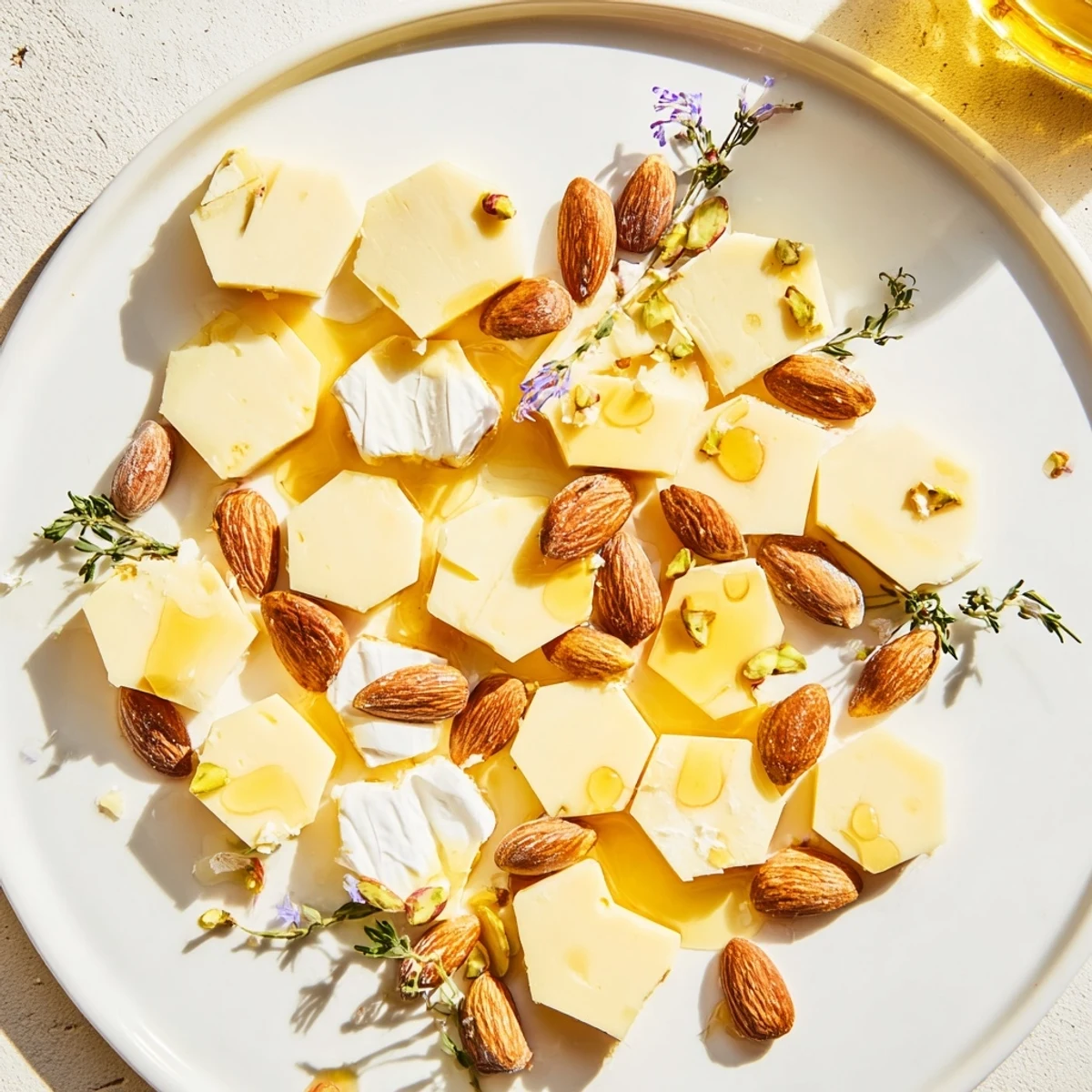 Elegantly served Honeycomb Hexagon Maze appetizer, featuring hexagonal cheeses and crunchy nuts, ready to eat.
