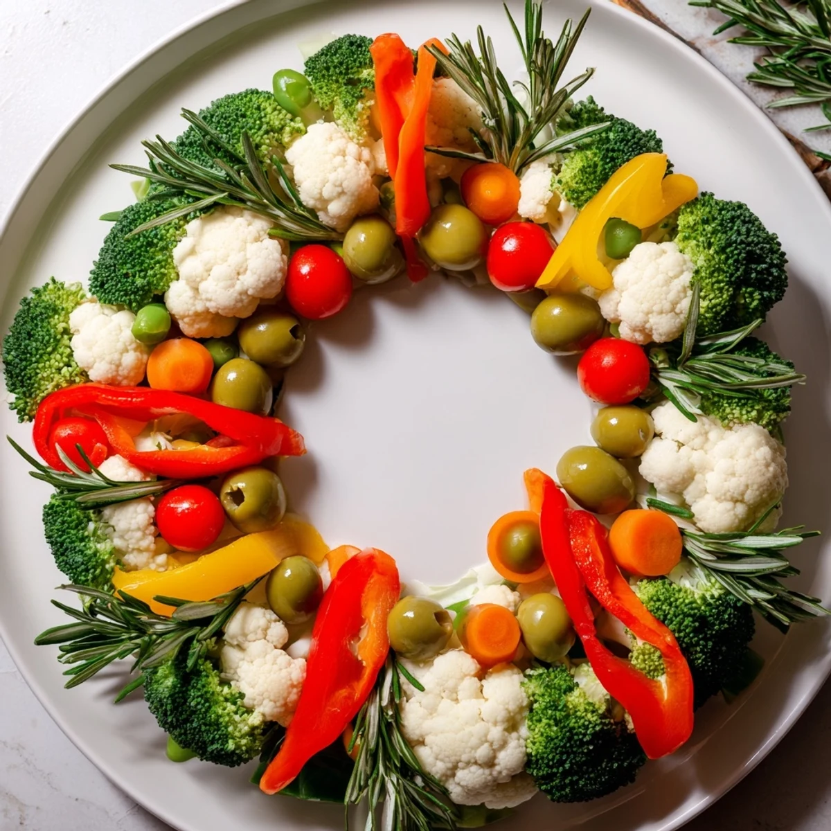 Vibrant Garland Veggie Wreath with colorful bell peppers and cherry tomatoes, ready to serve as a festive appetizer.