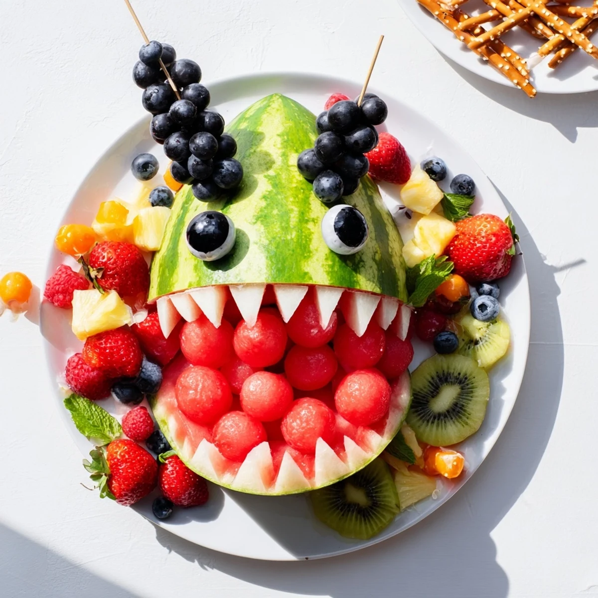 Vibrant Watermelon Wave Shark Snack Board overflowing with juicy fruit and salty pretzels for parties.