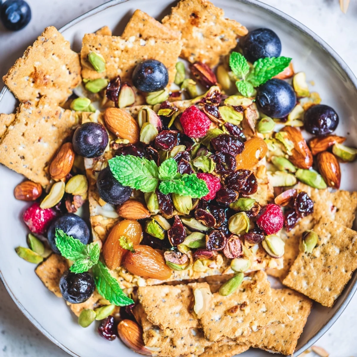 The Picket Fence appetizer: A colorful mix of nuts and berries overflowing within a cracker border.