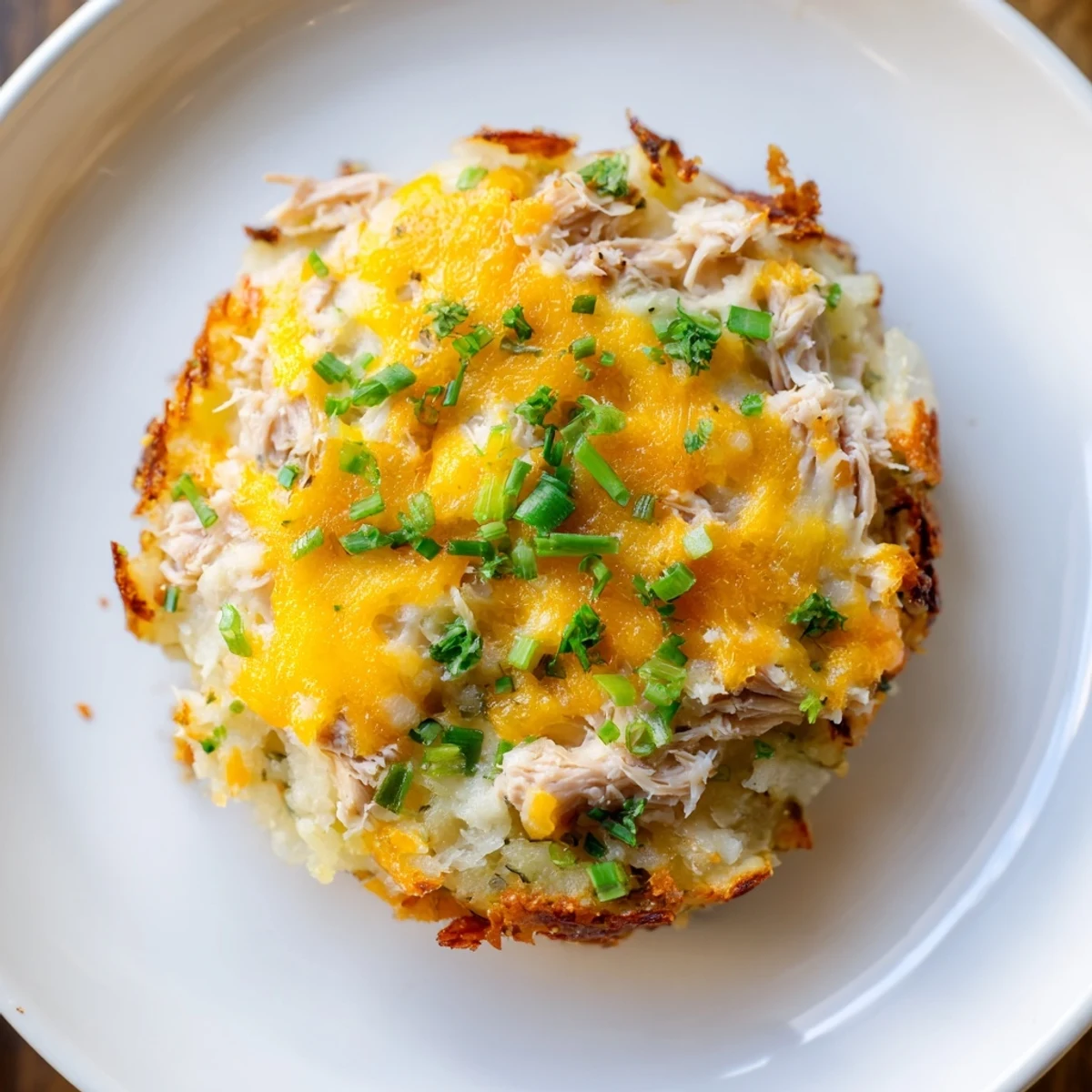 Close-up of potato and chicken cakes, showing tender shredded chicken within the golden patties, ready to eat.