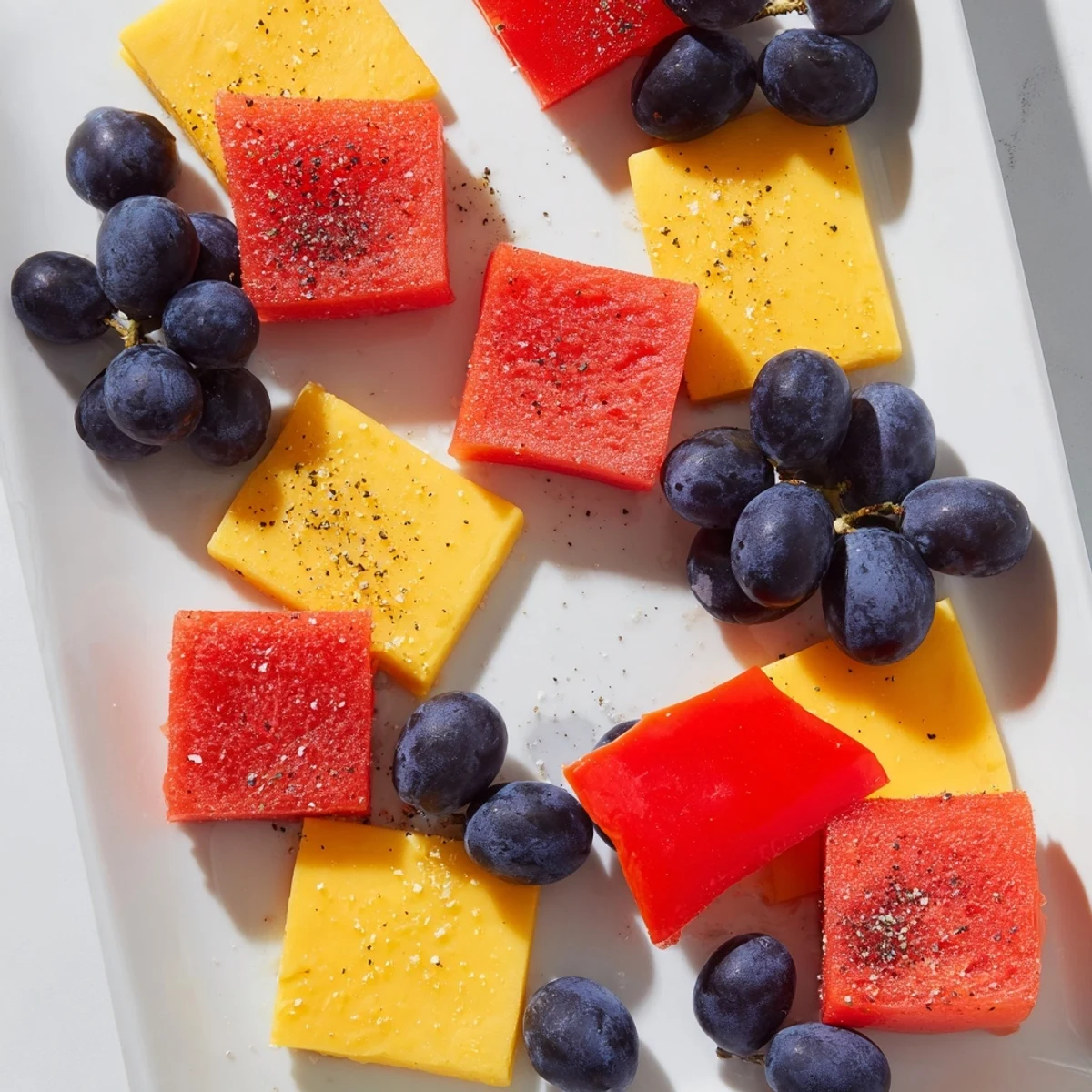 Vibrant Bauhaus Block appetizer featuring red bell pepper, yellow cheese, and blue grapes in a grid arrangement.