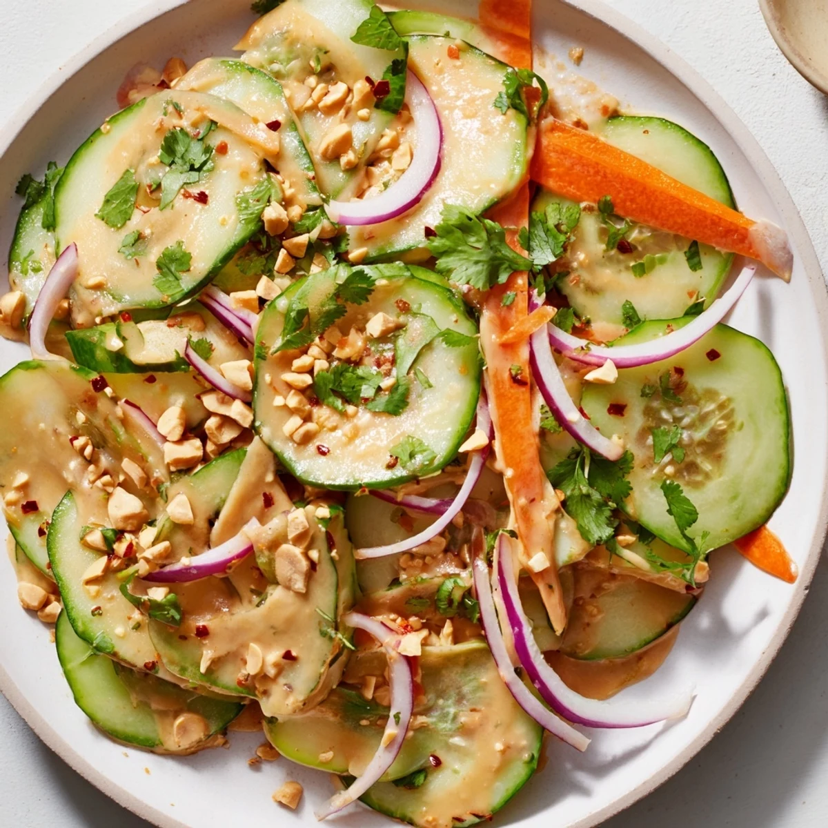 A close-up view of creamy Thai-Style Peanut Cucumber Salad, showcasing crunchy vegetables and nutty dressing.