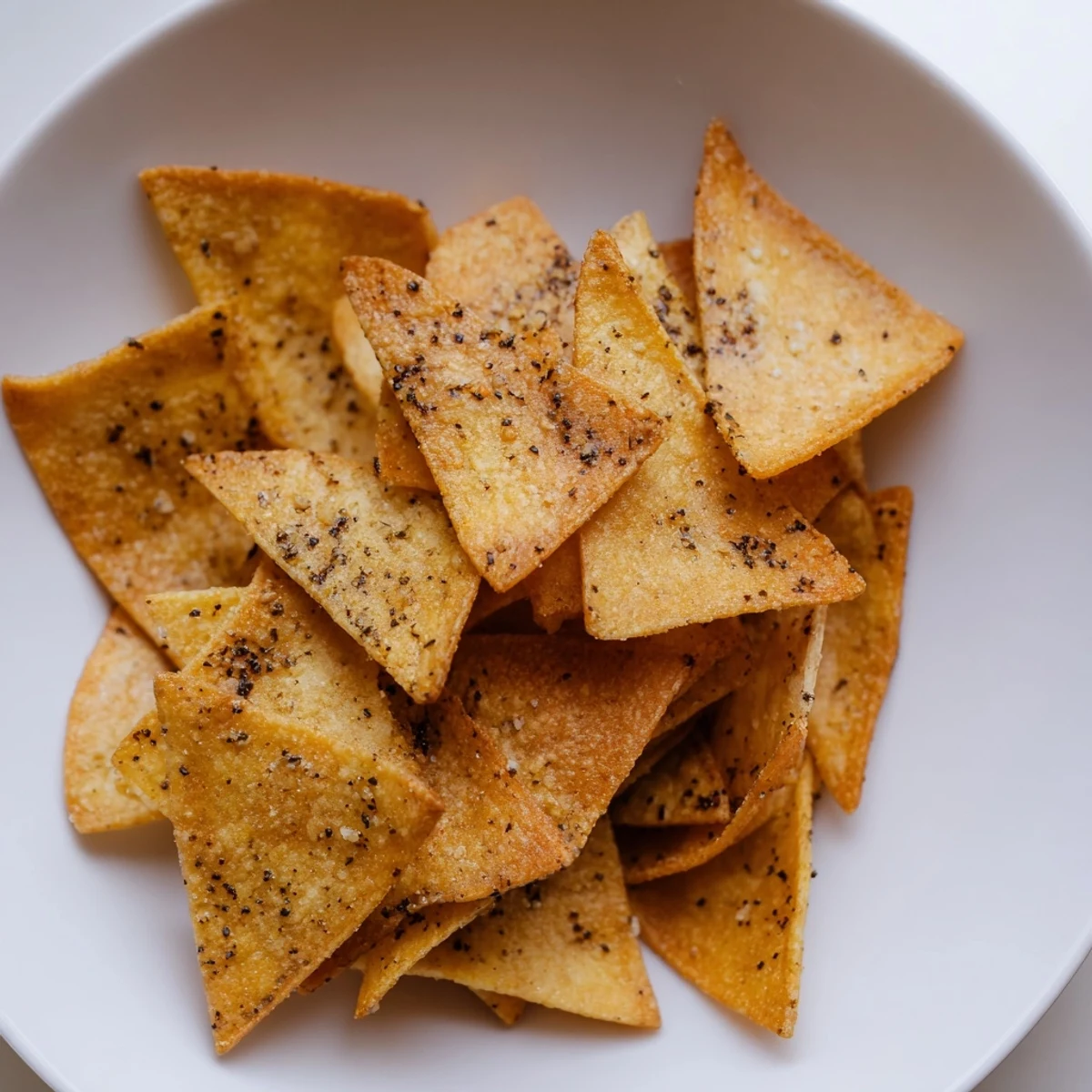 Textured close-up of air-fryer tortilla chips, sprinkled with spices, ready for a delicious snack.