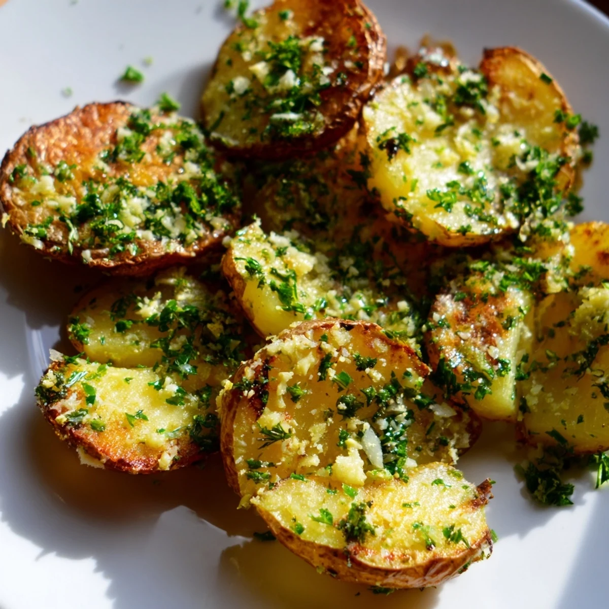 Golden, crispy Parmesan Smashed Potatoes, a flavorful side dish with fresh herbs and garlic.