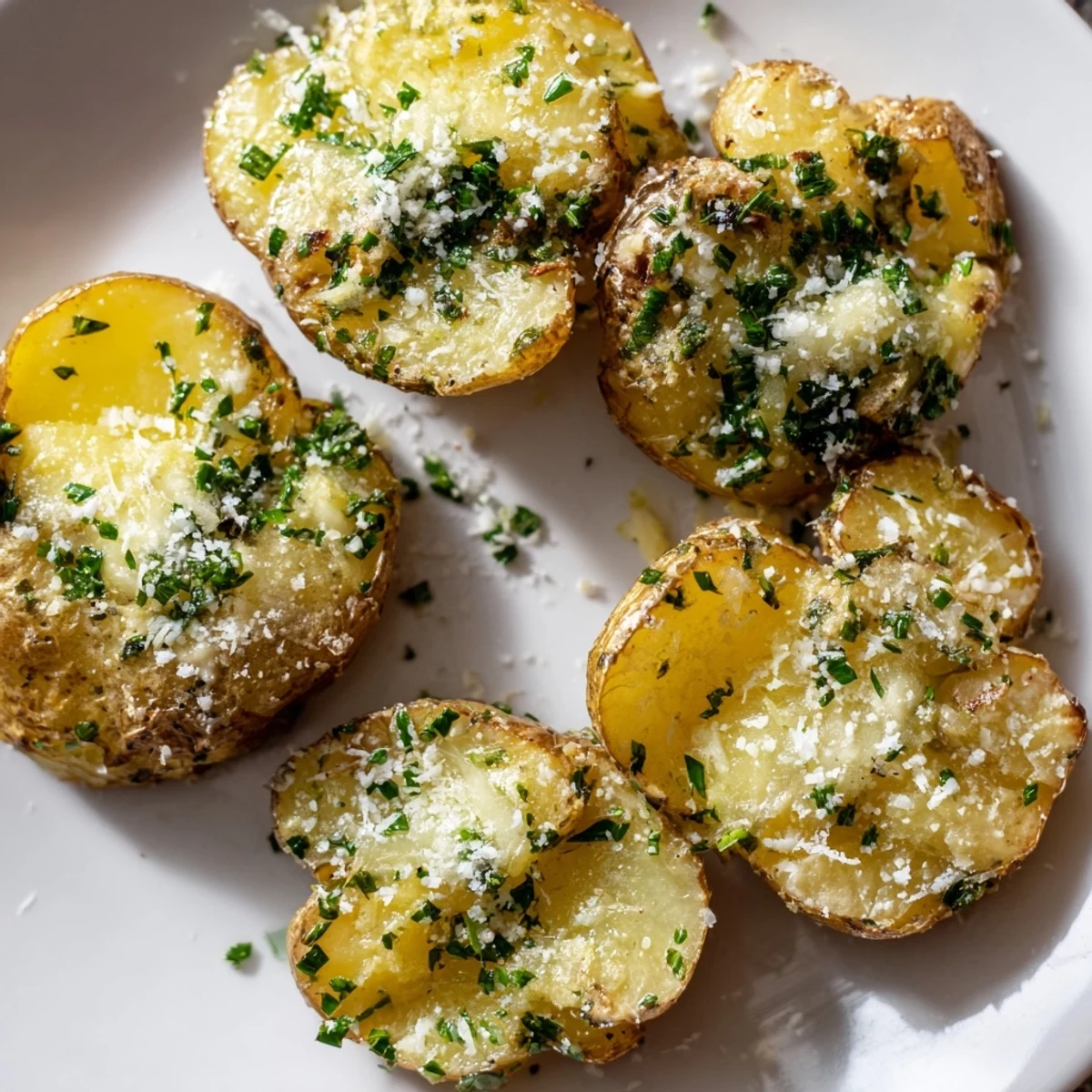 Fluffy inside, crispy outside: Smashed Parmesan Potatoes, ready to serve with a garnish of parsley.