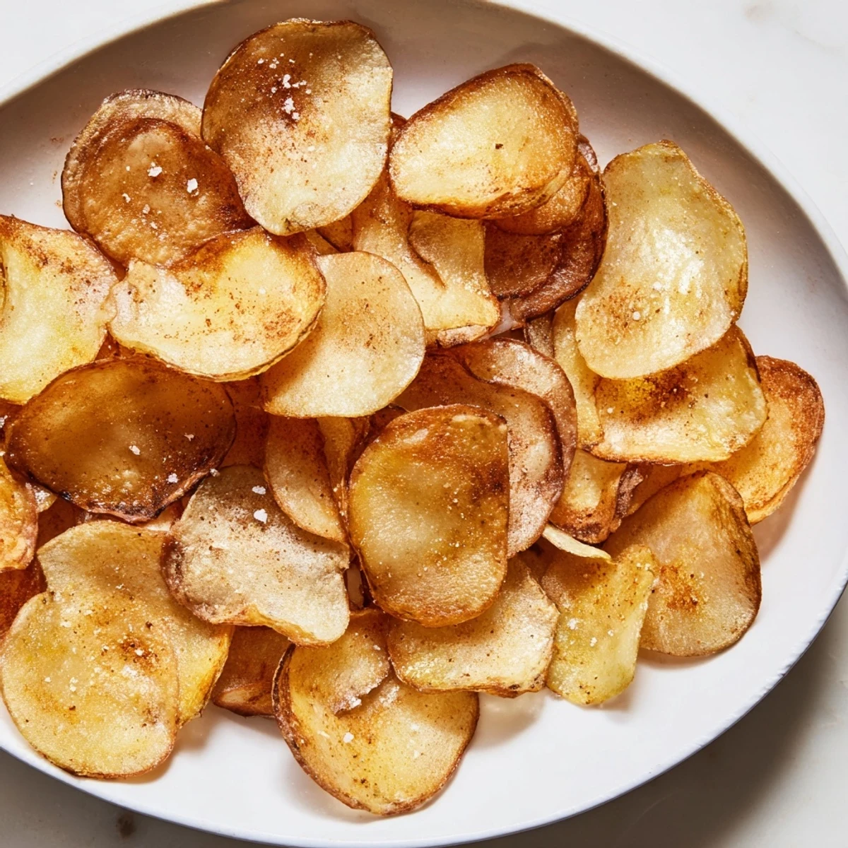 Homemade air-fryer potato chips, a healthier, crunchy snack, freshly made and delightfully golden brown.