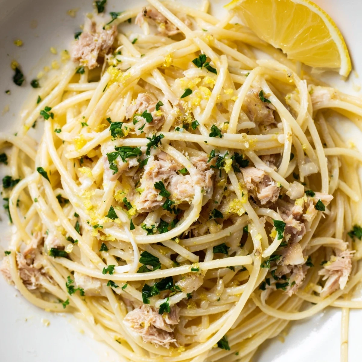 Bright, appetizing photo of Lemon-Garlic Tuna Spaghetti, showcasing the zesty lemon and tender tuna.