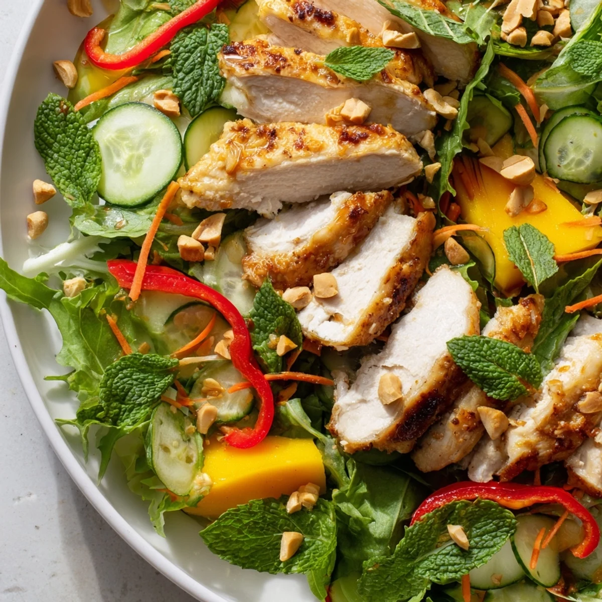 Close up shows colorful Thai Mango Chicken Salad with fresh cilantro and peanuts.