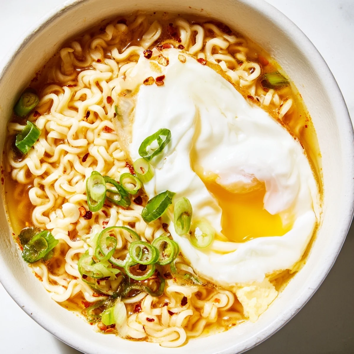 Delicious upgraded instant ramen: Fluffy noodles with a flavorful broth, egg, and fresh scallion garnish.