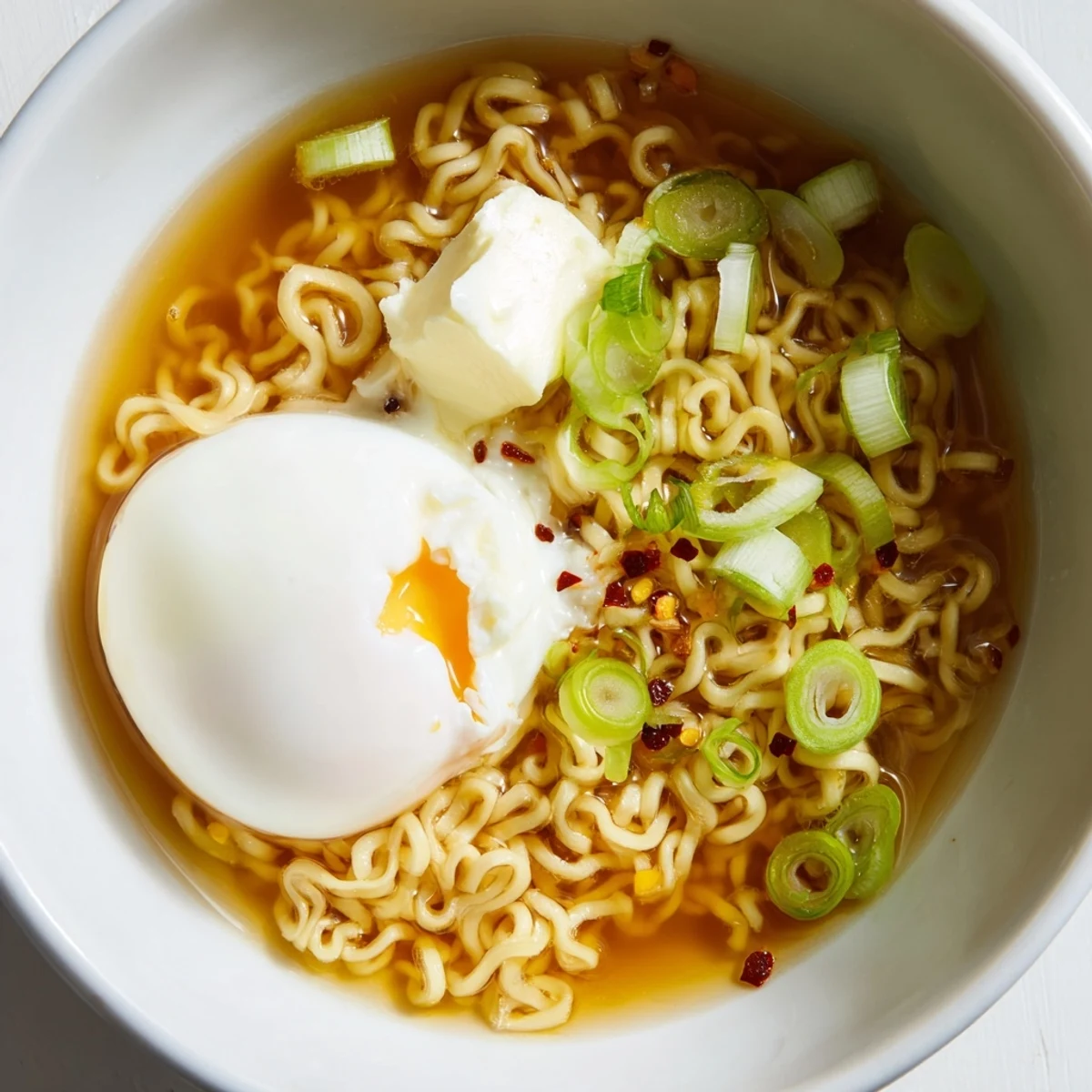 Photograph of upgraded instant ramen with a perfectly cooked soft egg and scallions.