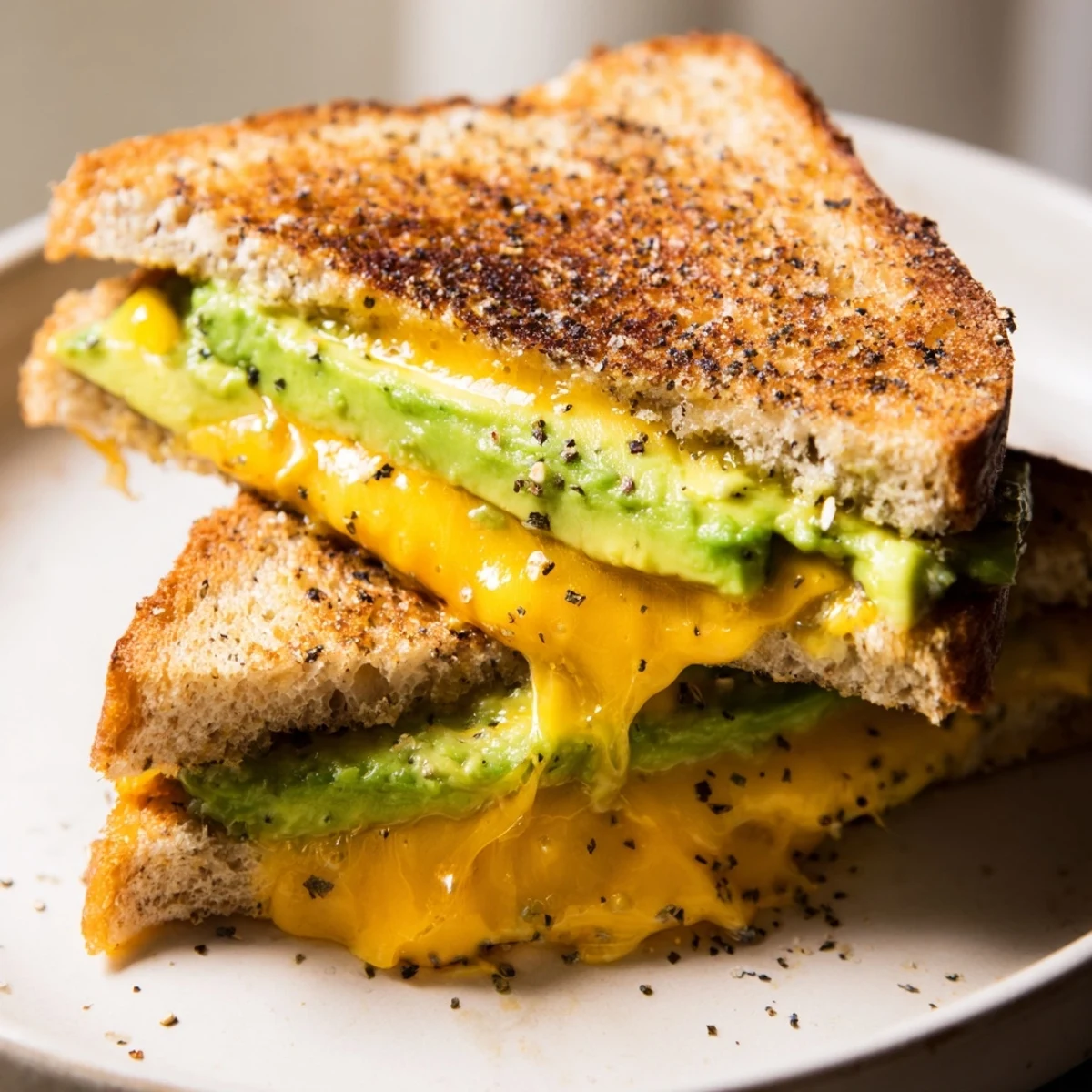 A close-up shot of a warm Avocado Toast Grilled Cheese, ready to be sliced and enjoyed.