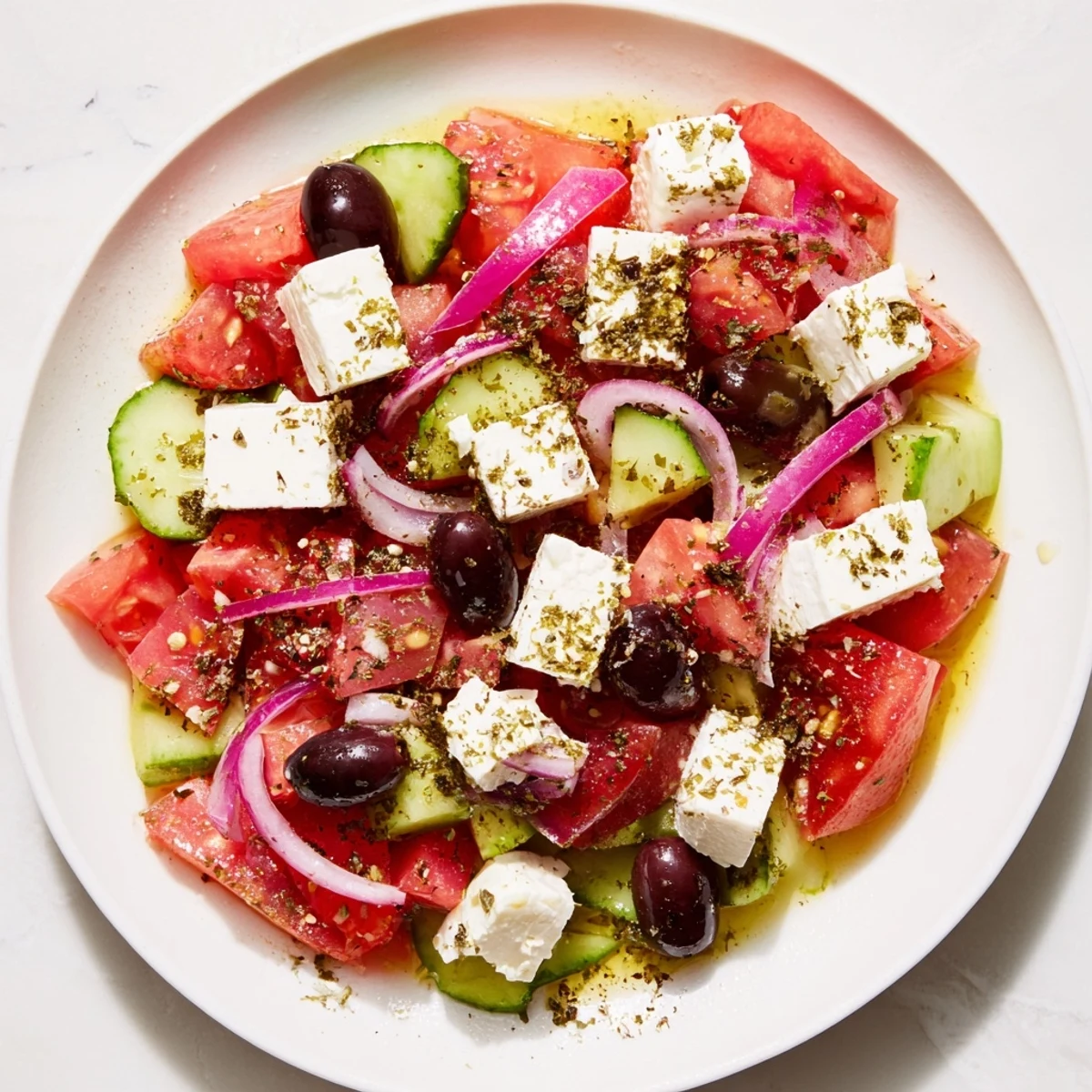 Refreshing Mediterranean salad, a colorful mix of diced vegetables and creamy feta cheese.
