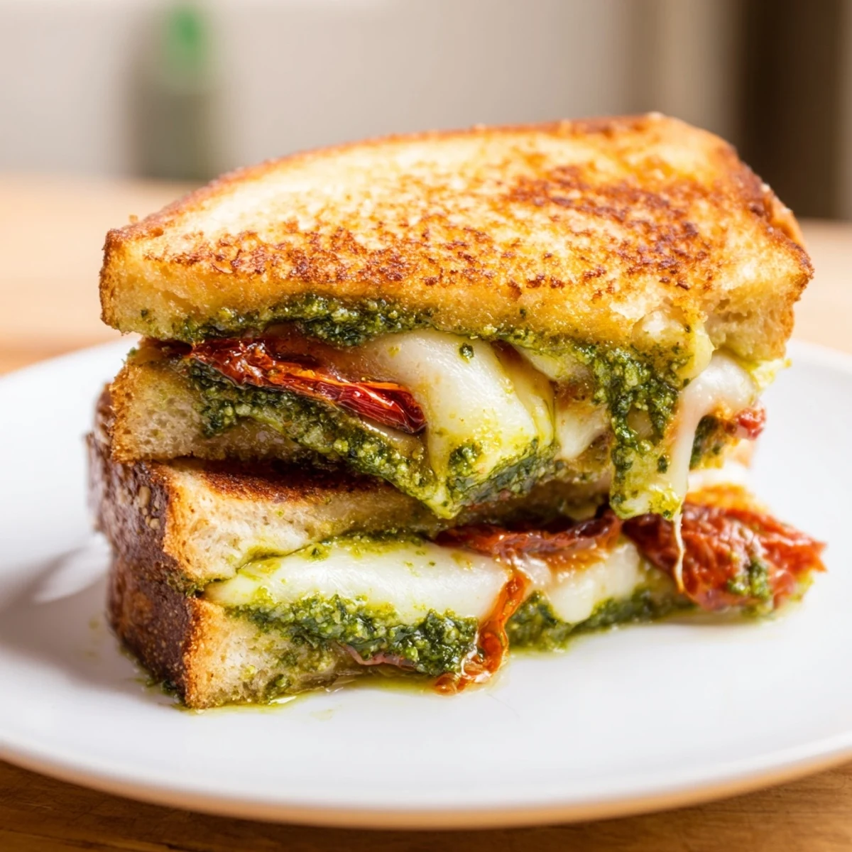 A close-up of a perfectly toasted Pesto Grilled Cheese, oozing with melted cheese and fresh pesto.