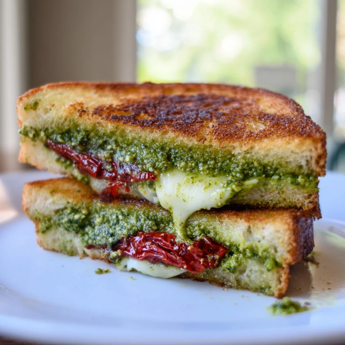 Golden, melty Pesto Grilled Cheese, featuring gooey mozzarella and sun-dried tomatoes between crispy bread.