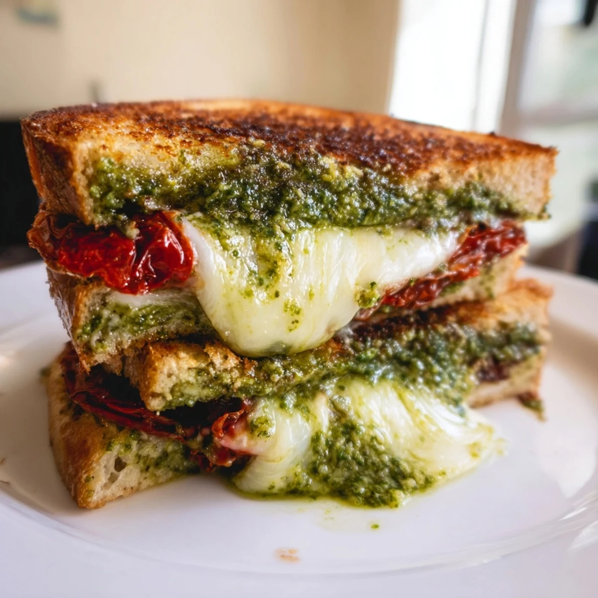 Delectable Pesto Grilled Cheese sandwich with crispy edges, and a warm, inviting aroma ready to enjoy.