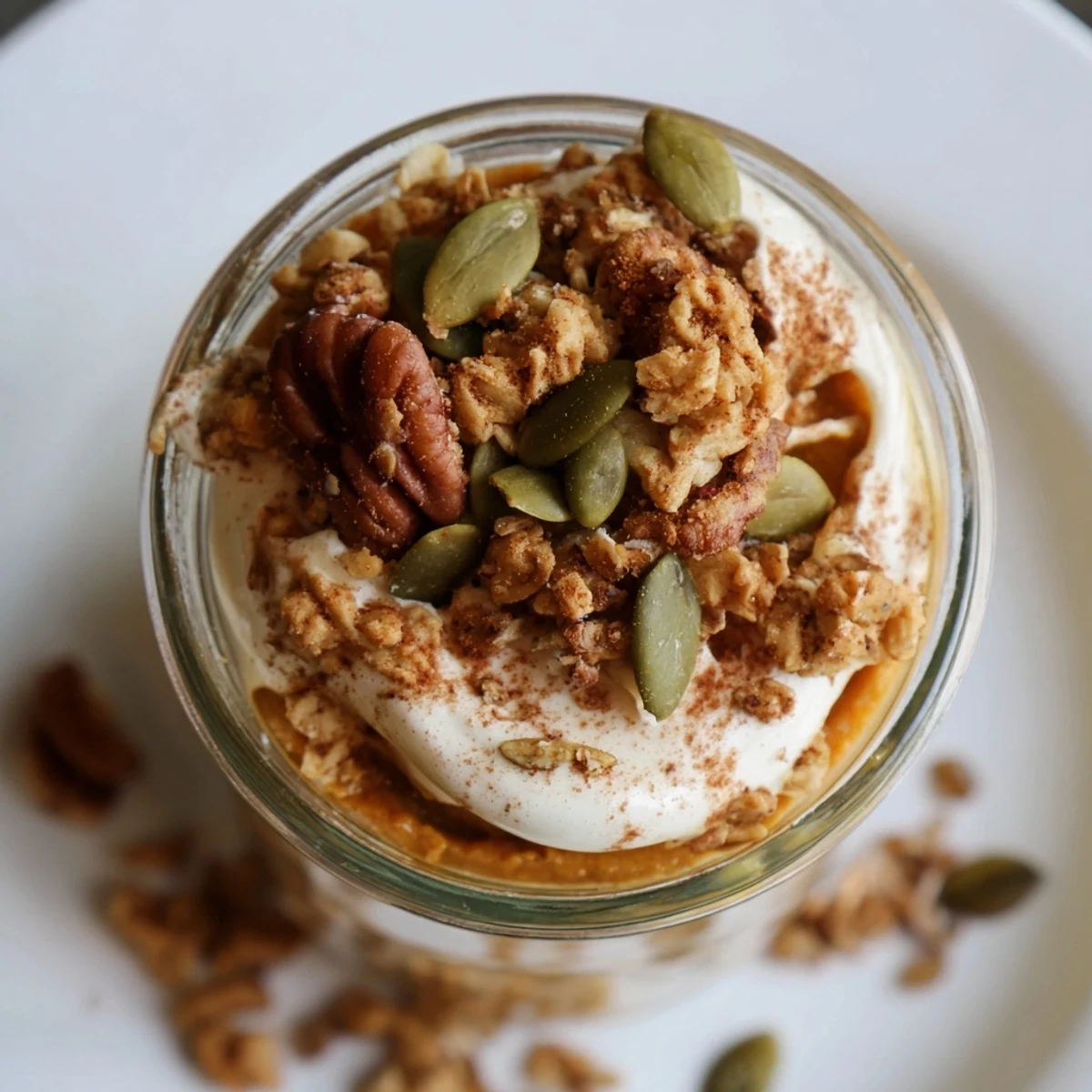 A layered Pumpkin Yogurt Parfait, creamy pumpkin and yogurt with crisp granola topping, perfect for fall.
