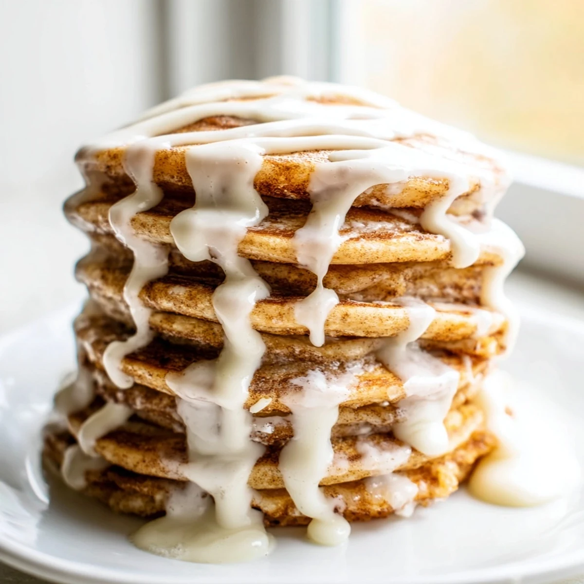 Delicious and decadent cinnamon roll pancakes: a stack of breakfast bliss with a delightful swirl.