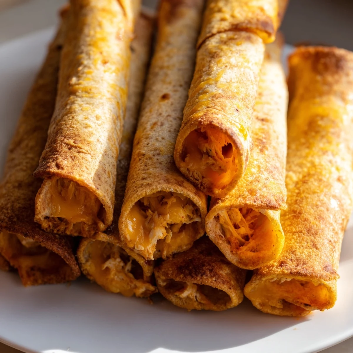 Golden, crispy air fryer taquitos, filled with seasoned chicken and cheese, ready to enjoy with toppings.