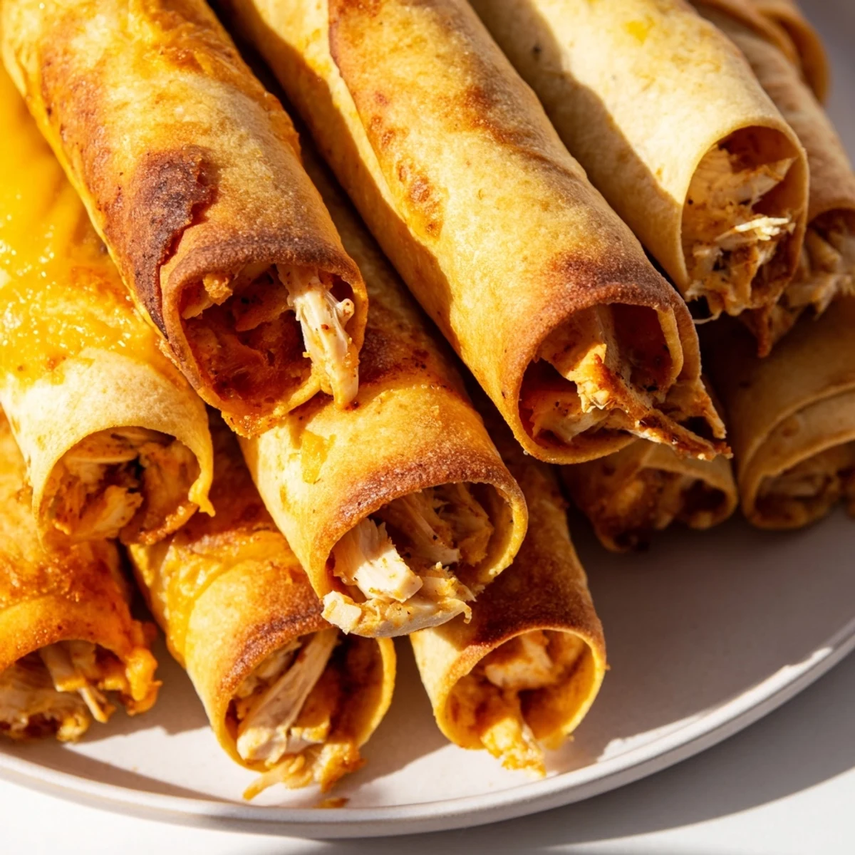 A close-up of air fryer taquitos, showing the perfectly browned tortillas surrounding a savory filling.