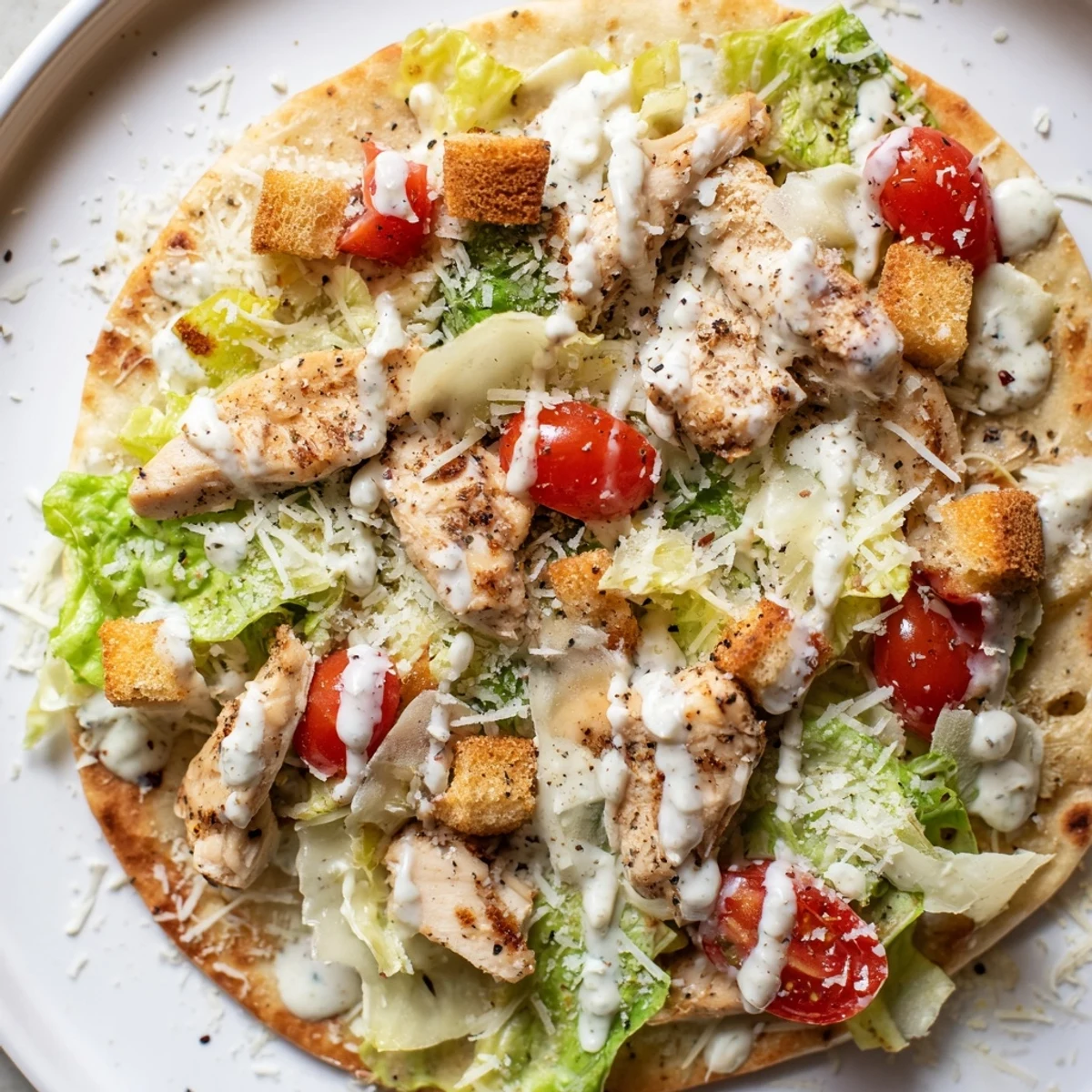 Golden Chicken Caesar Flatbread slices topped with crisp romaine and juicy cherry tomatoes.
