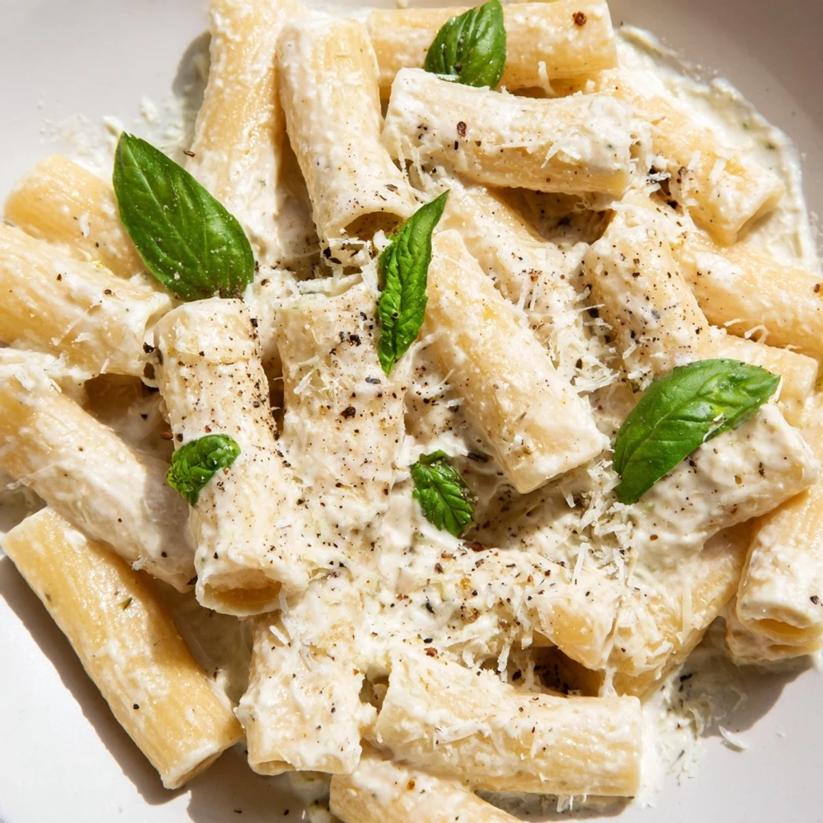 Warm, creamy Cottage Cheese Pasta with a swirl of fresh basil, a quick and satisfying weeknight dinner.