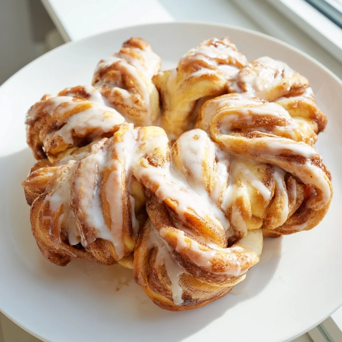 Warm, golden Cinnamon Roll Pull-Apart Snowflake with glistening icing, ready to be pulled apart and devoured.