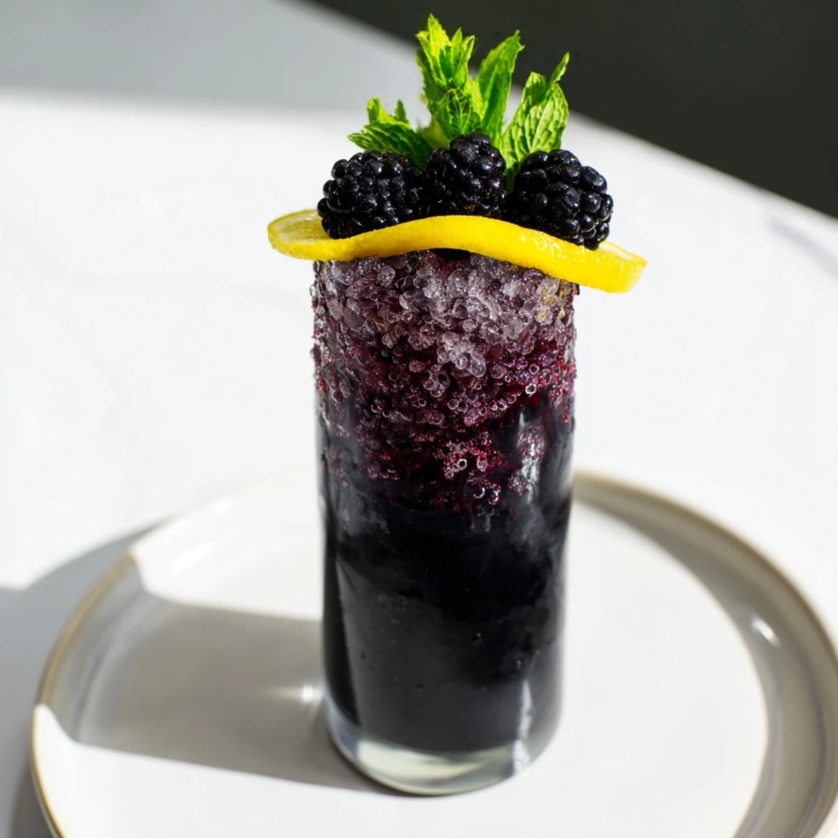 A Dark Matter Mocktail, layered and inky black, garnished with fresh blackberries for an elegant sip.