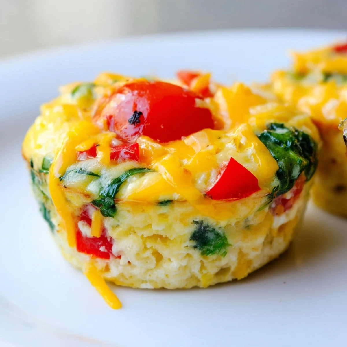 Golden customizable egg muffins fresh from the oven, featuring colorful veggies and melted cheese.