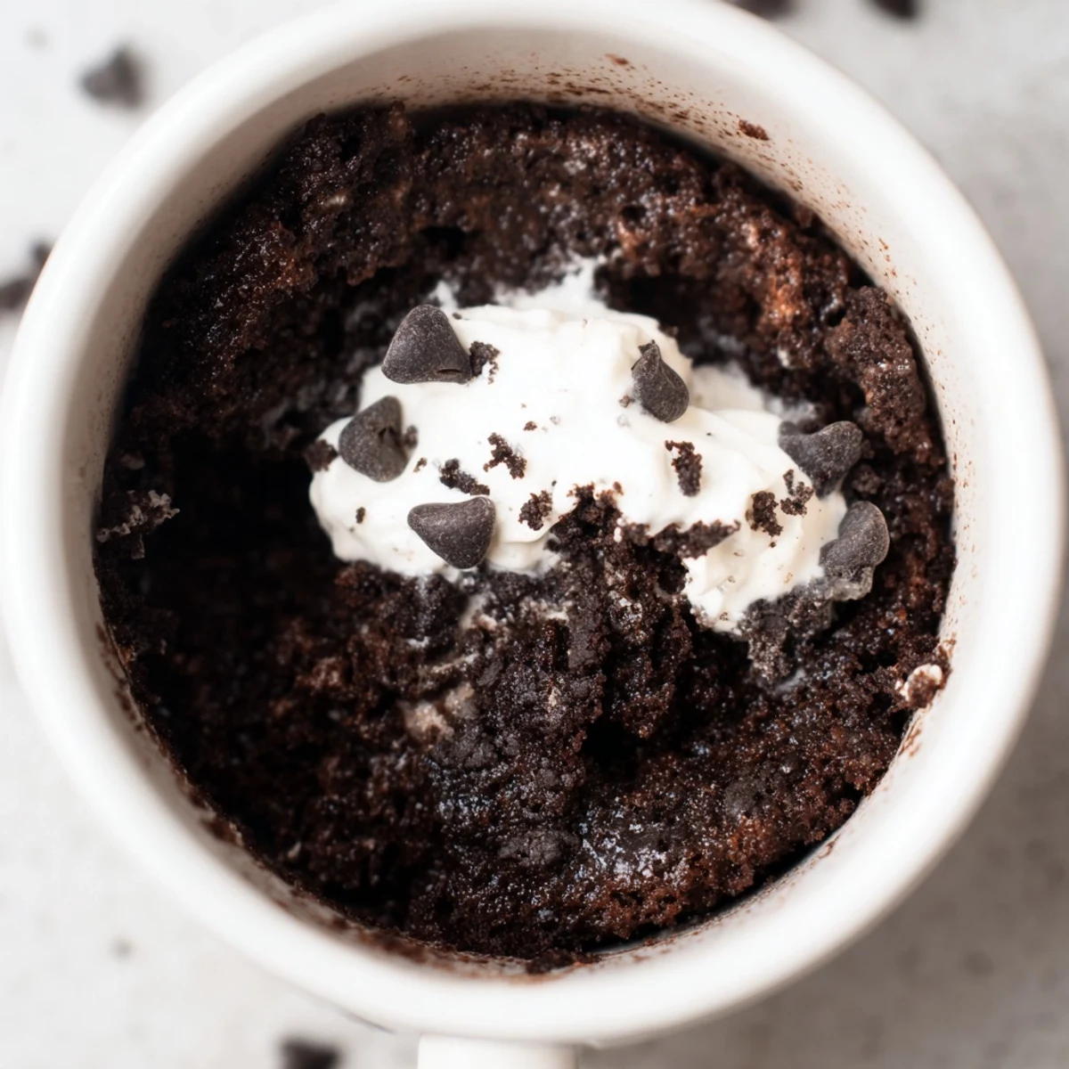 Steaming Oreo mug cake, a single serving of deliciousness perfect for a quick sweet craving.