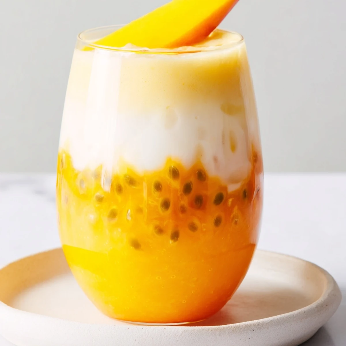 Vibrant layers of mango, passion fruit, and orange in this refreshing Tropical Sunset Smoothie.