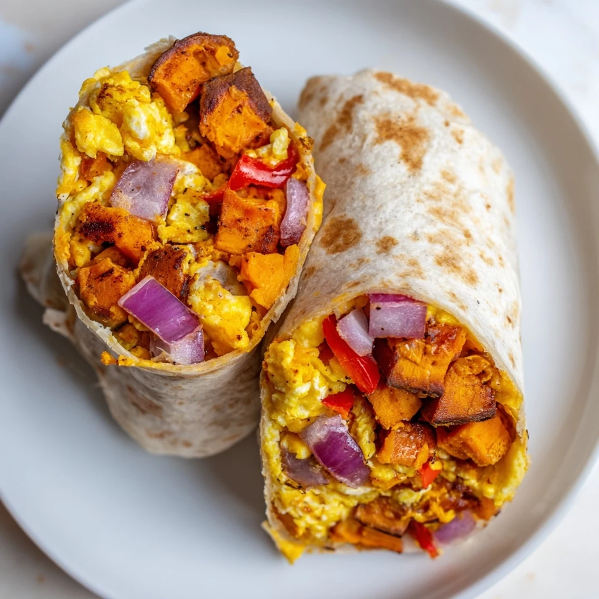 A close-up of a warm, cheesy sweet potato breakfast burrito, ready to be enjoyed!