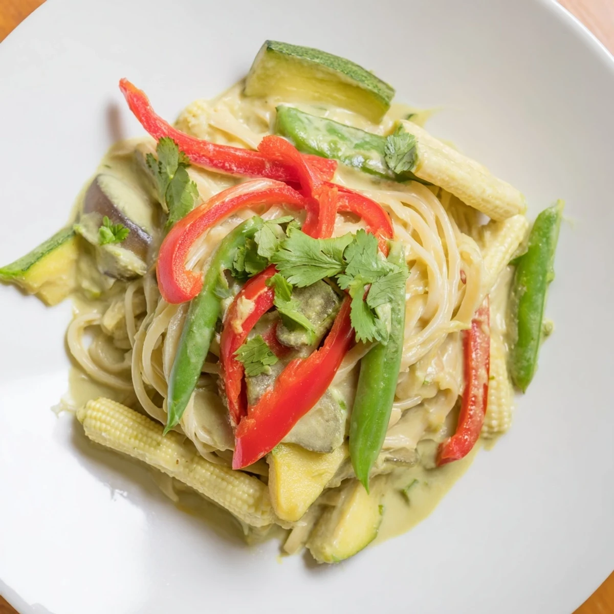 Creamy Thai Curry Pasta with linguine, garnished with fresh cilantro and a lime wedge.