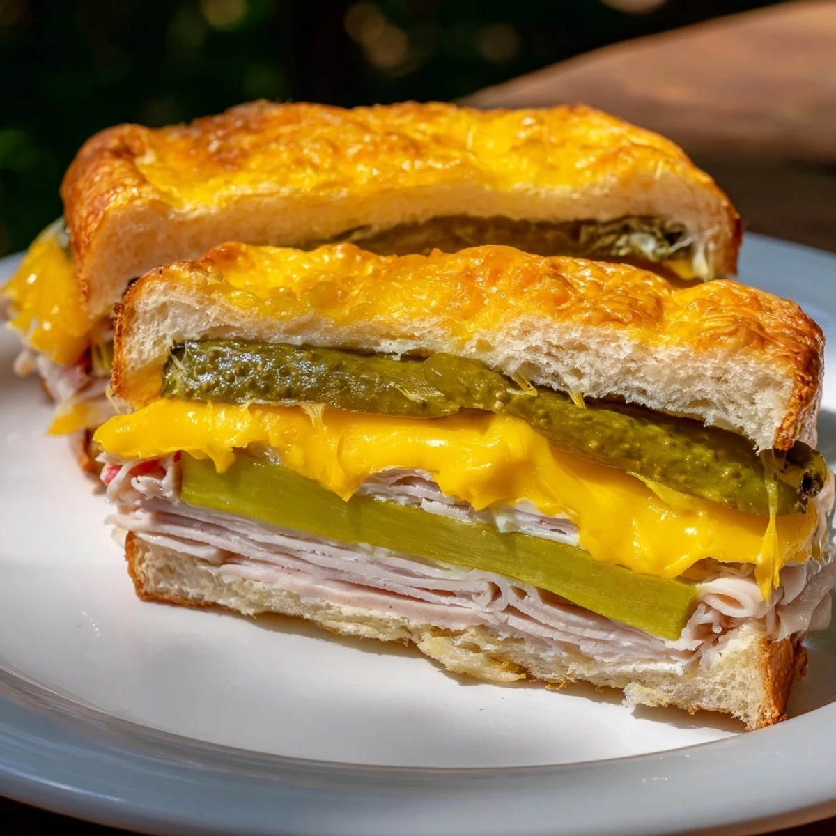 Golden, bubbly Pickle Bread Sandwich featuring melted cheese and tangy pickle slices, ready to enjoy.
