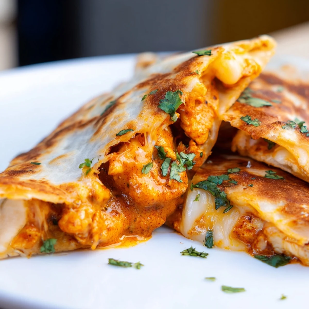 Golden, crispy Butter Chicken Quesadillas are cut open, revealing melted cheese and flavorful chicken filling.