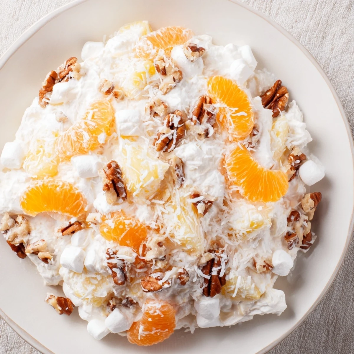 Homemade Elevated Ambrosia Salad, a delicious dessert with toasted pecans and bourbon-infused whipped cream.