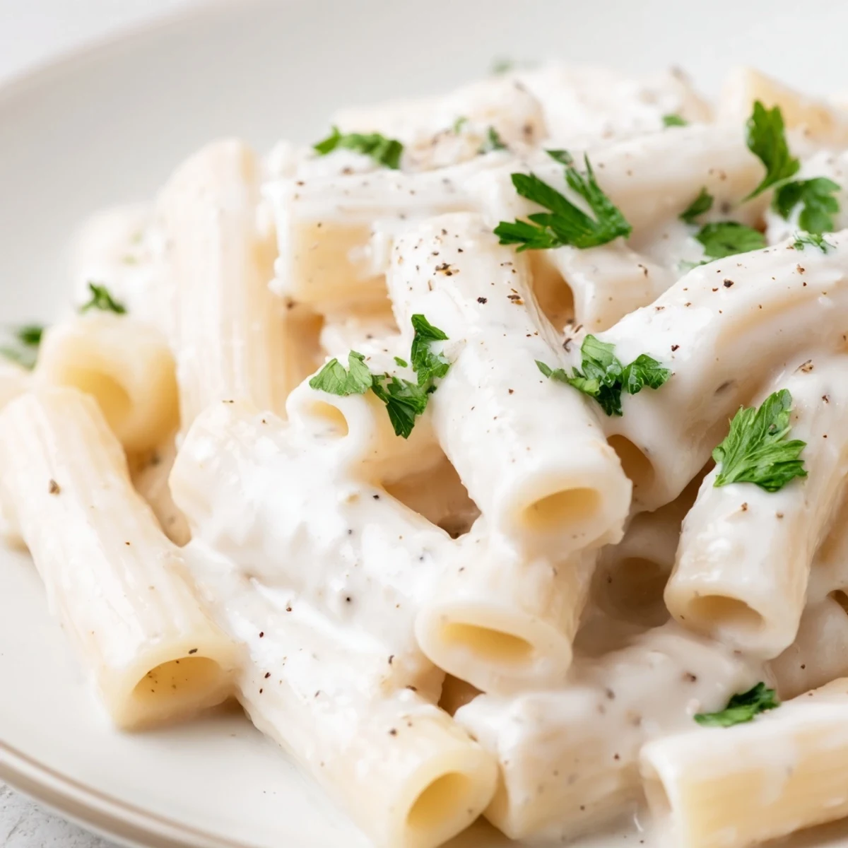A steaming bowl of Creamy Milk Pasta One-Pot, garnished with fresh parsley and grated Parmesan, served from a rustic skillet.