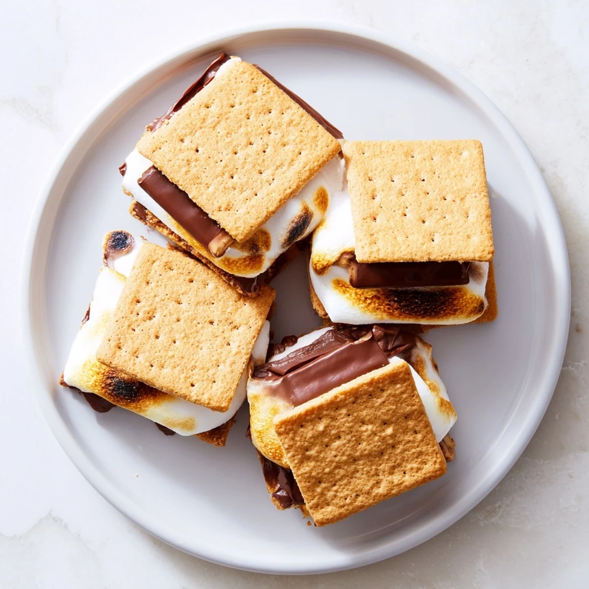 Aerial view of hot air fryer s'mores, with gooey marshmallow and chocolate on graham crackers.