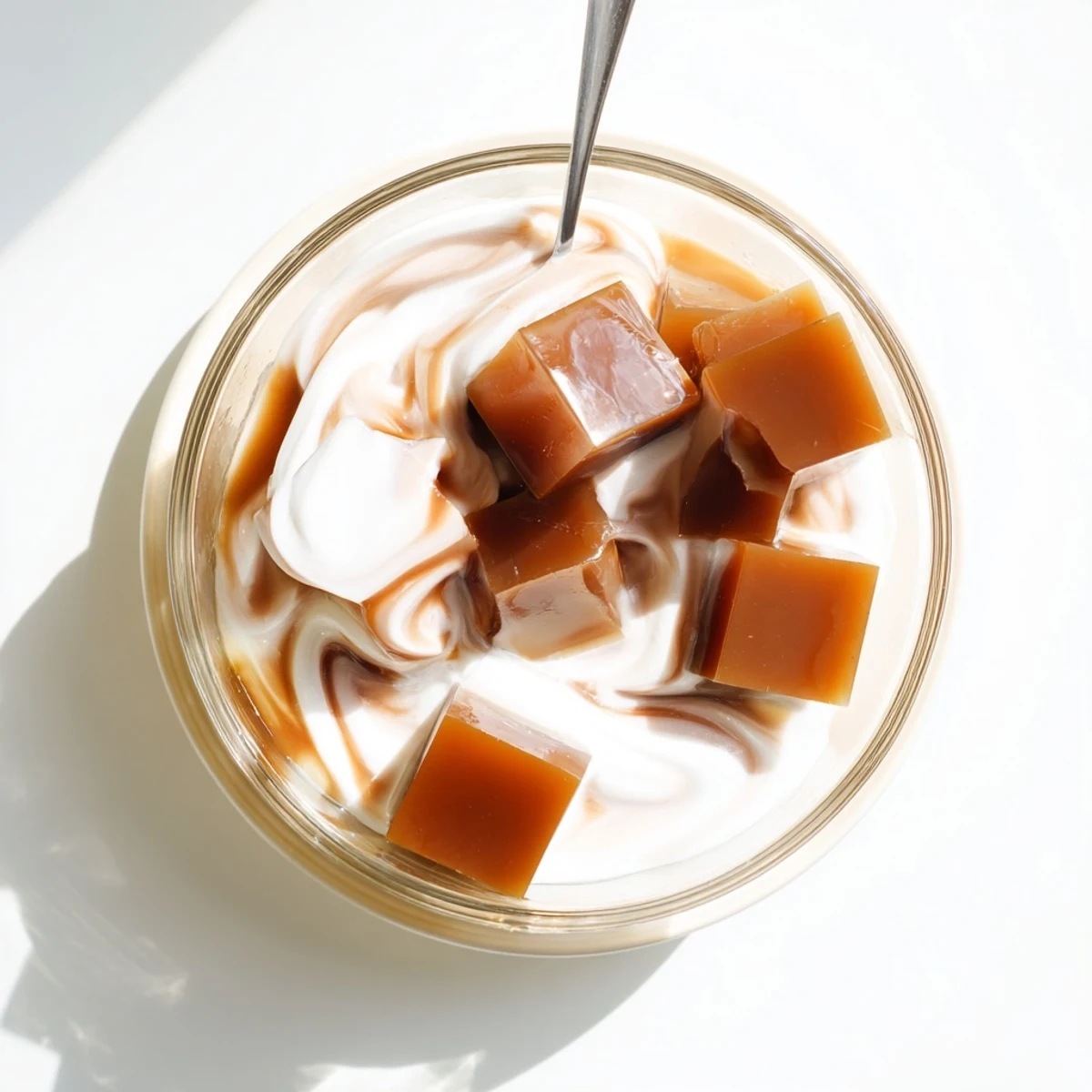 Shiny dark cubes of Coffee Jelly Dessert rest in a clear glass, topped with a generous pour of fluffy sweetened cream for a creamy, cooling treat.  