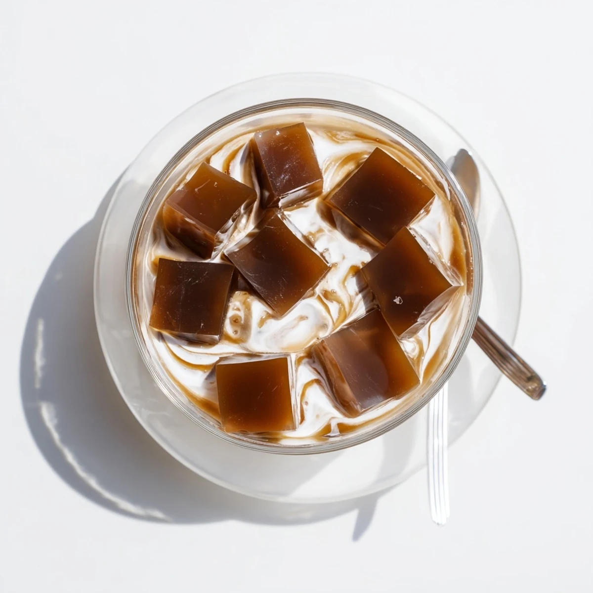 A spoon scoops into Coffee Jelly Dessert, revealing glossy coffee cubes nestled in soft whipped cream, served chilled for a refreshing, elegant bite.  