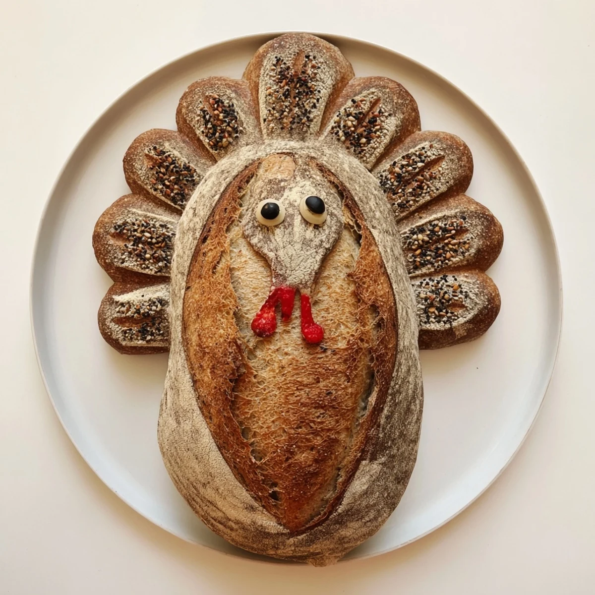 A festive turkey-shaped sourdough loaf with a golden crust and feather scoring, ready for a holiday table centerpiece.