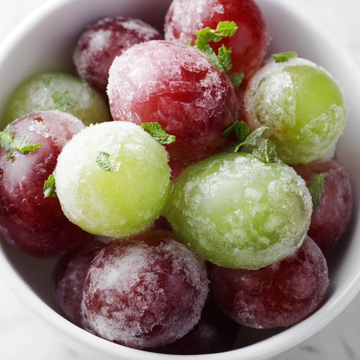 Glossy red and green frozen grapes glisten with frost on a parchment-lined baking sheet, offering a cool, crunchy spa-inspired snack.